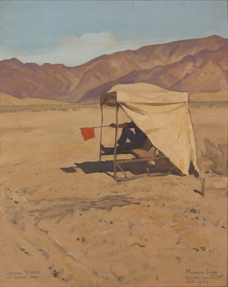 Oil painting showing a white man waving a red flag from the shade of a small white tent. A western landscape stretches out behind him.