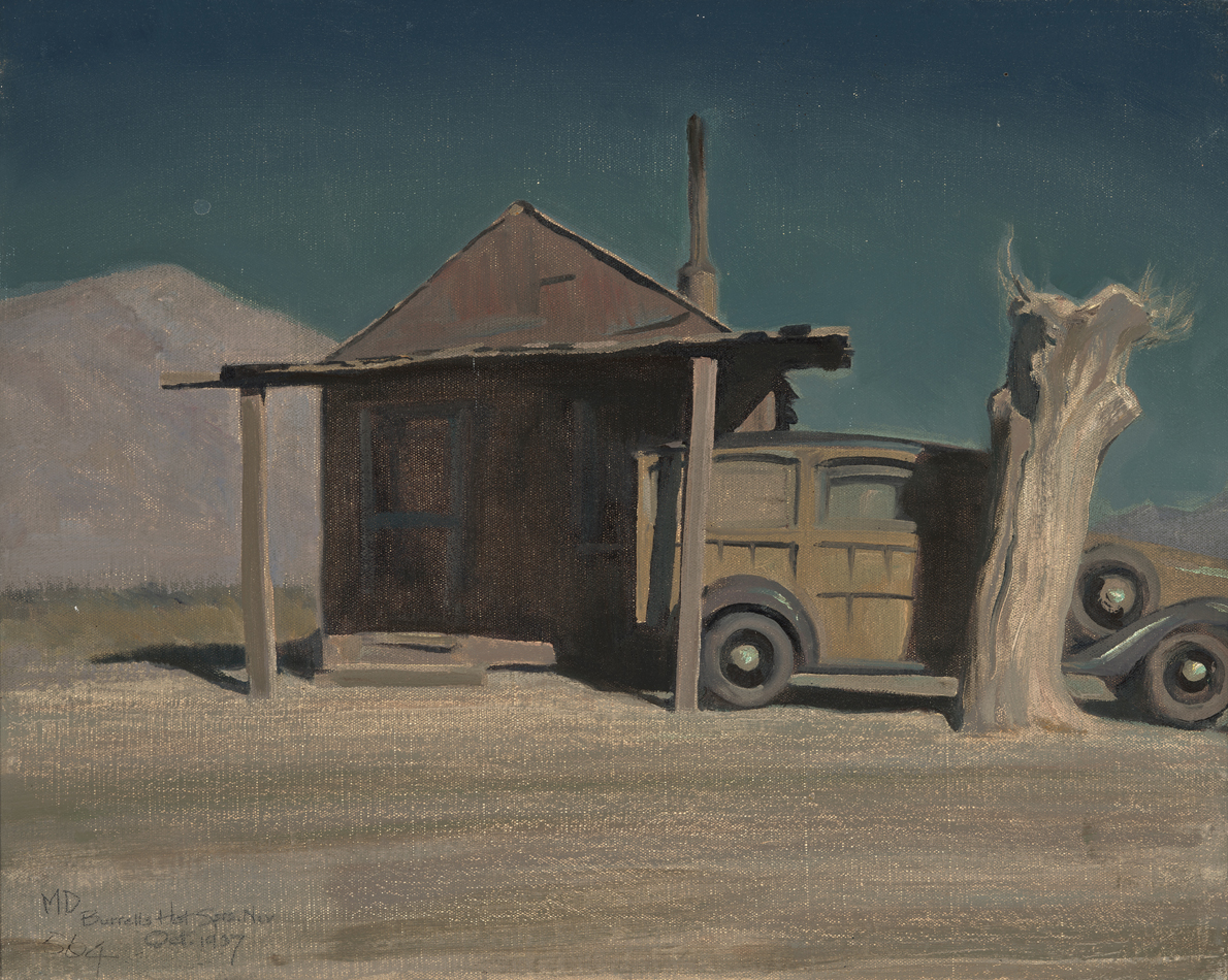 Oil painting by Maynard Dixon. This night scene shows a small shack with an old-fashioned car parked in front of it and a tree stump at right. A hill and a star-studded firmament are in the background.