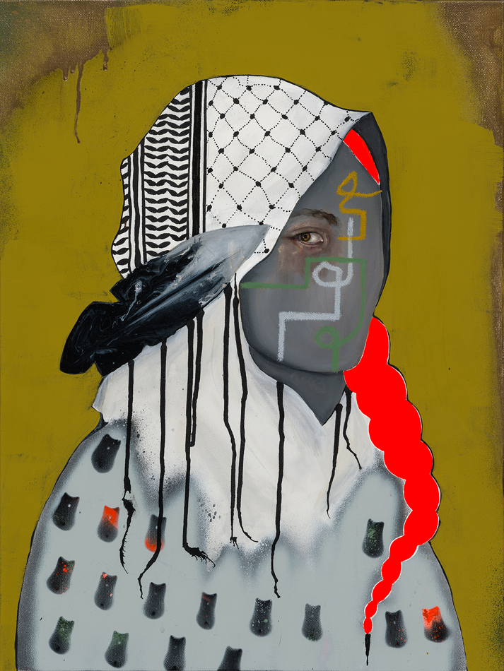 Painting by Danielle SeeWalker of an abstracted woman wearing a keffiyeh, with a bright red braid and a feather in her hair. Only one of her eyes is visible.