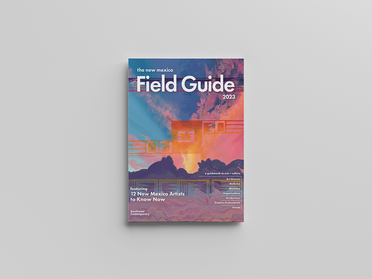The cover of Southwest Contemporary's 2023 New Mexico Field Guide, featuring a vibrant painting of a landscape overlaid with geometric patterns.