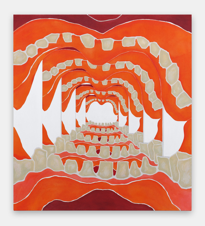 Abstracted orange lips with stubby teeth visually repeat to form a cavern of sorts. This painting by Allison Katz is one of the top Southwest art exhibitions to see this summer.