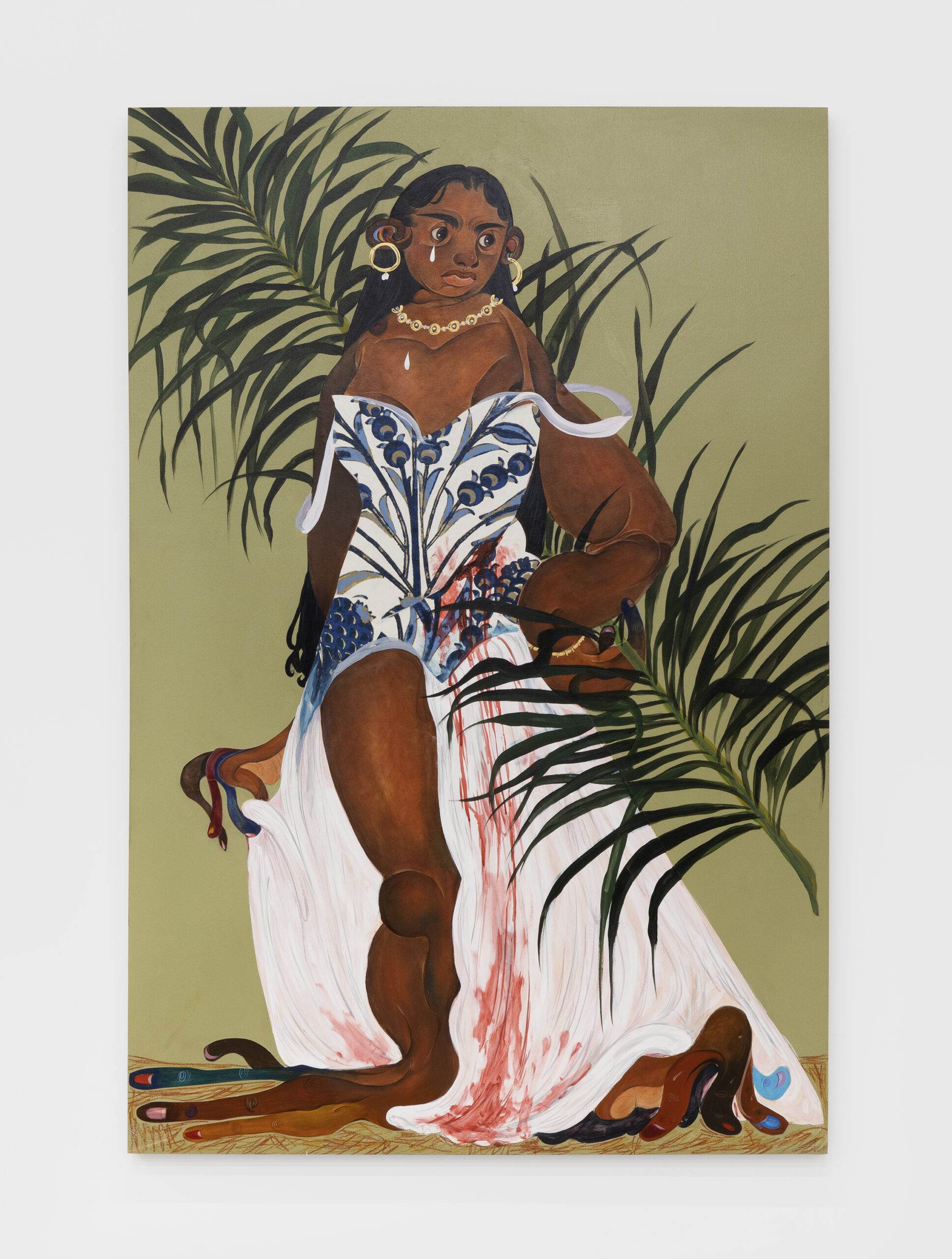 Neo-surrealist painting of a Black woman with tears streaming down her face and melting limbs. She is entwined with a palm frond.