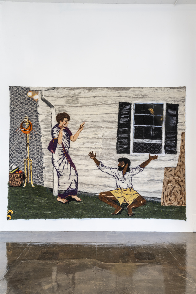 A needle felted fiber artwork by Melissa Joseph from her 2024 Artpace residency, based on an image of her deceased parents engaging in a dance performance.