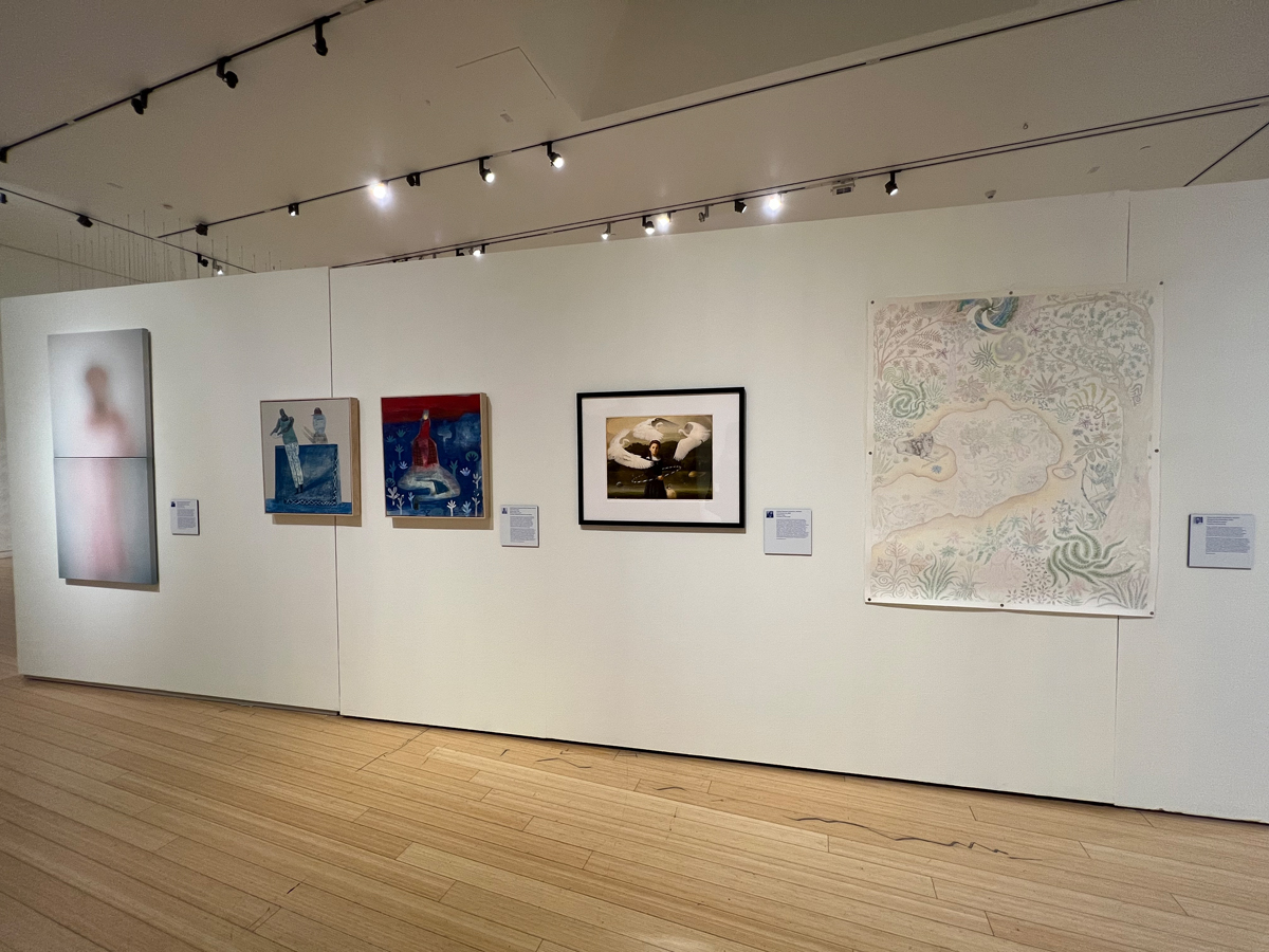 Installation view of Materializing Mormonism at Mesa Art Center shows artworks of various mediums in a gallery space. The show examines Mormonism in Arizona through an artistic lens.