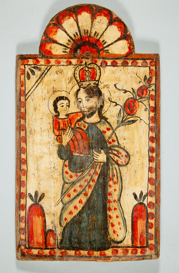 Depiction of San Jose by a 19th-century devotional artist showing the enrobed saint with a crown on his head, a child perched on his shoulder, and a bouquet in one hand. This artwork is part of the Harwood Museum of Art's collection.