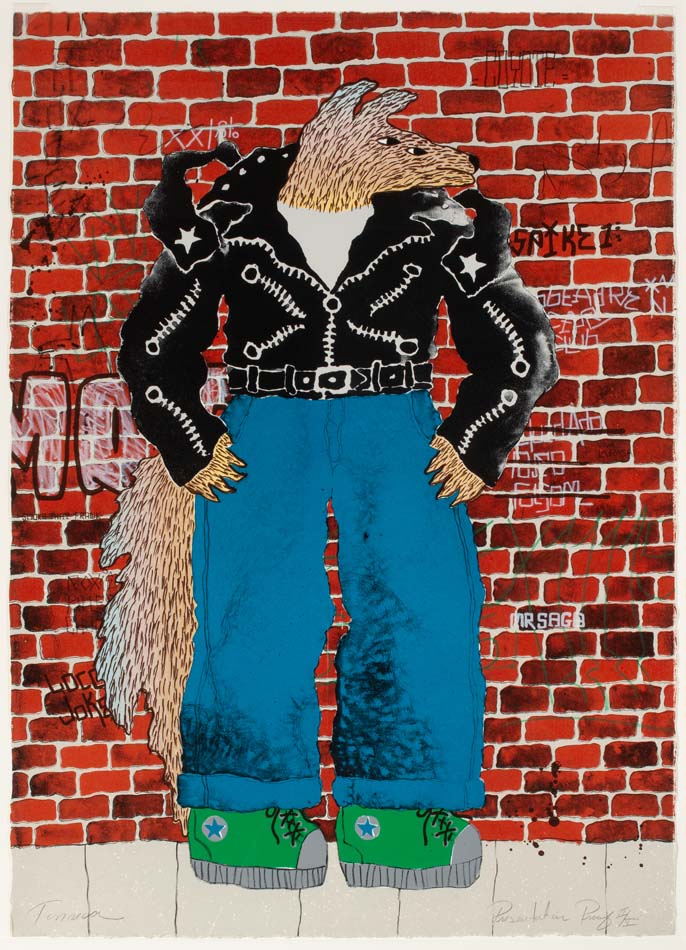 Lithograph of Harry Fonseca's Coyote character in front of a red brick wall, wearing a leather jacket.