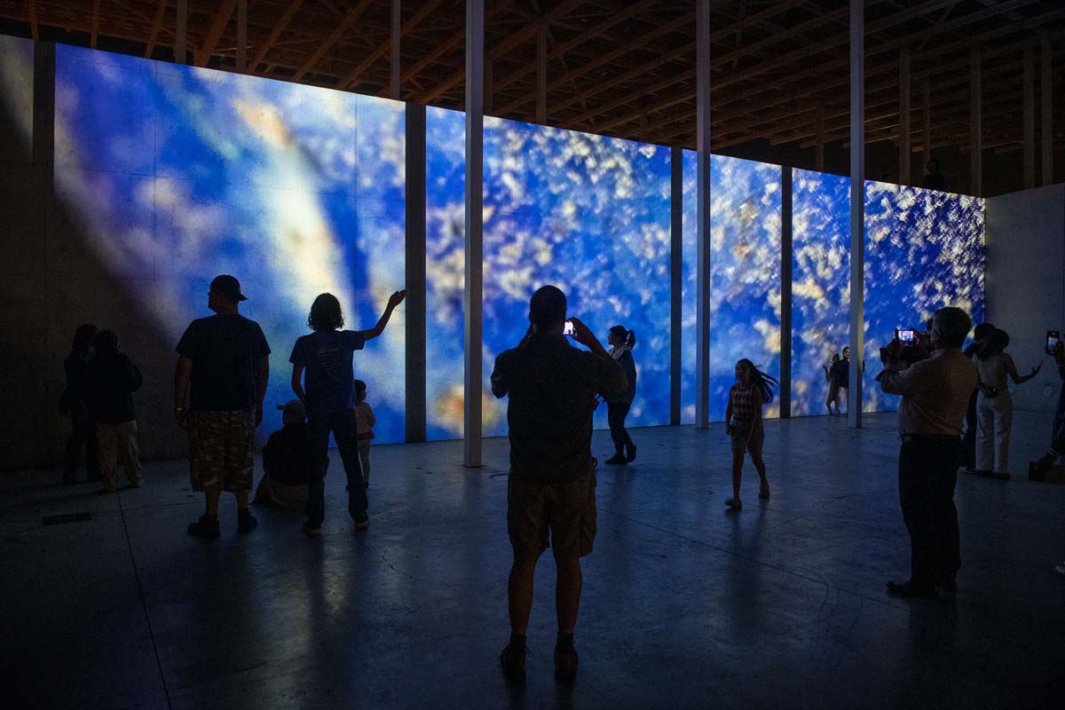 Viewers silhouetted in front of a massive video installation in blue.