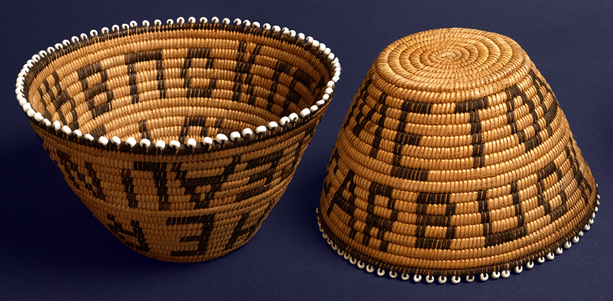 Two views of an Indigenous basket that reads ARBUCKLES. This image is featured in Woven from the Center, a new book on Native basketry by Diane Dittemore.