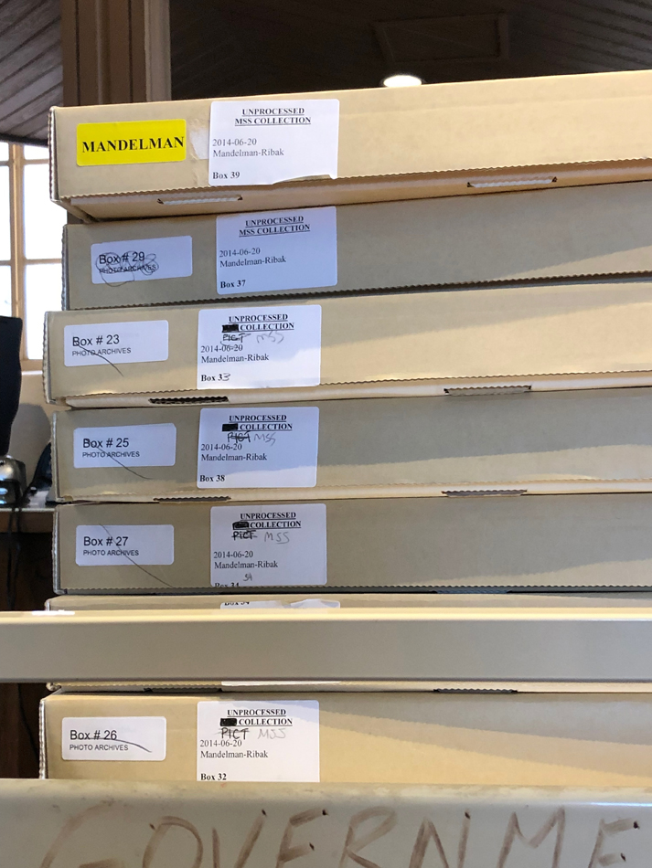 A stack of boxes from the archives of Beatrice Mandelman Louis Ribak, Taos-based modernist artists.