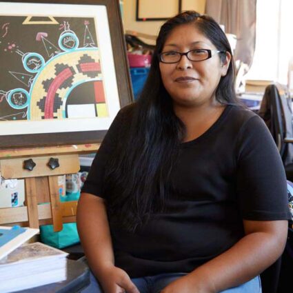 Mallery Quetawki in her studio/office in Albuquerque, NM.