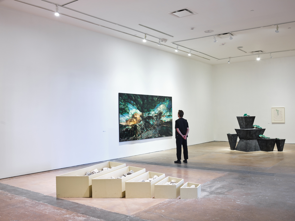 Artworks by Teresita Fernández Robert Smithson at SITE Santa Fe in New Mexico, including a non-site sculpture and a stacked landscape sculpture.