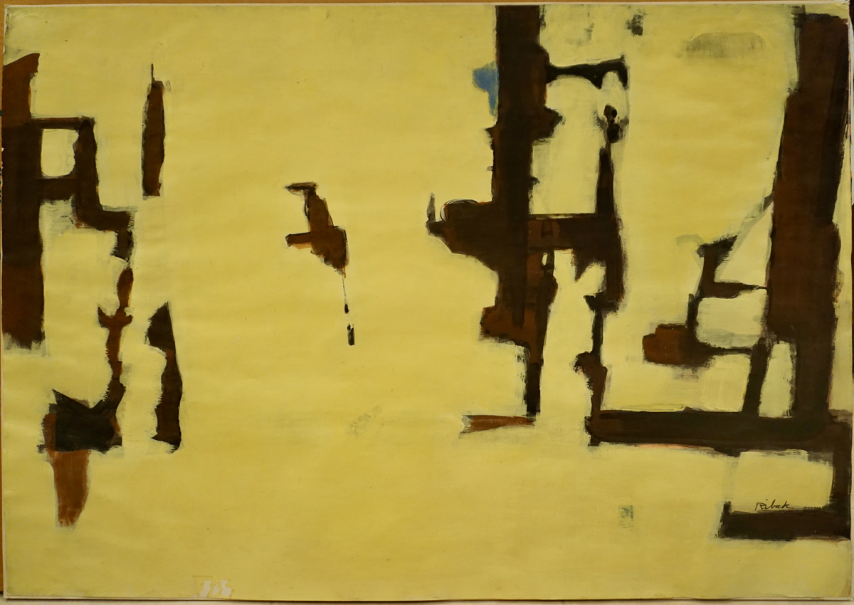 Abstract painting in a palette of yellow and brown. Beatrice Mandelman Louis Ribak were abstract painters of the Taos Moderns.