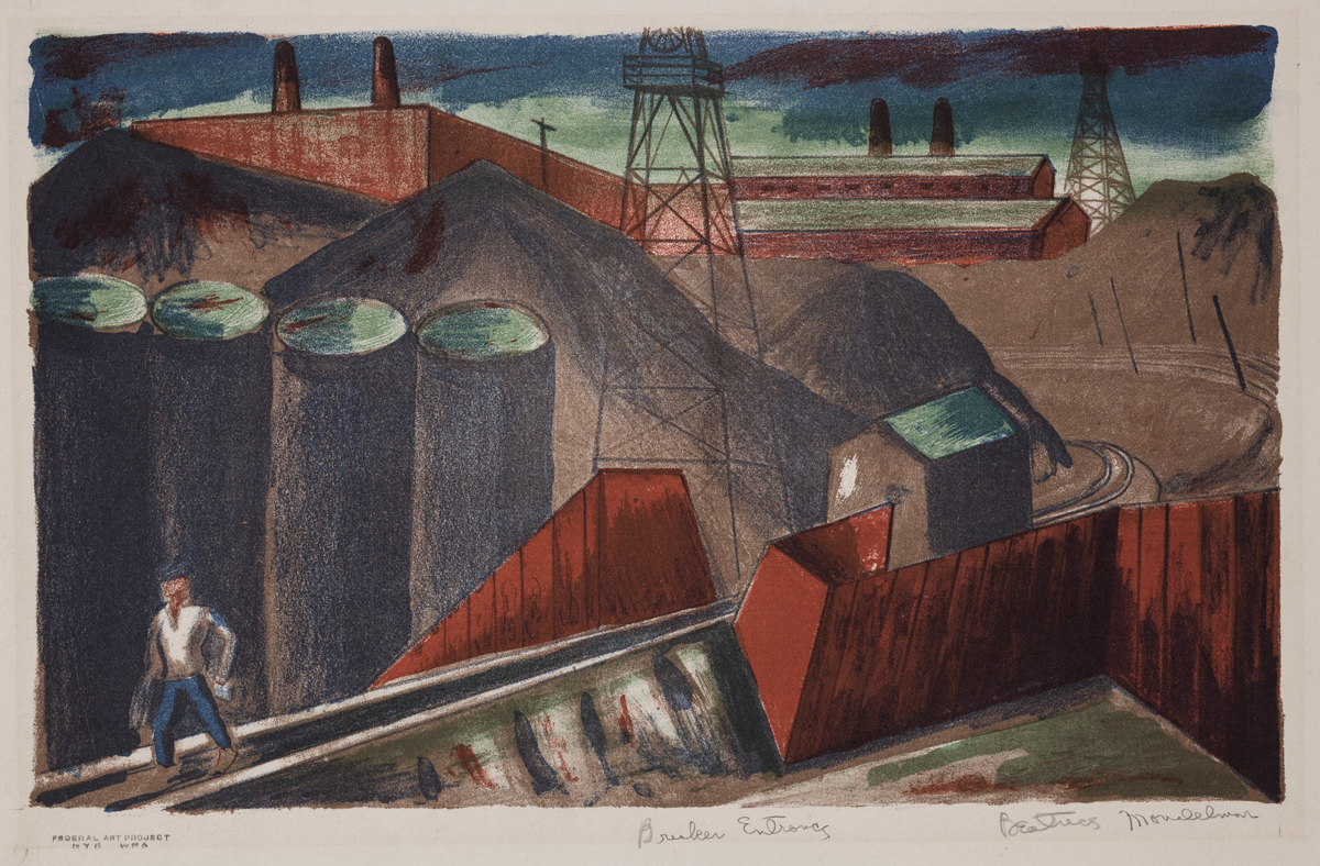 A figure wanders through an industrial landscape. Taos Moderns Beatrice Mandelman Louis Ribak worked in a Social Realist style before switching to abstraction.