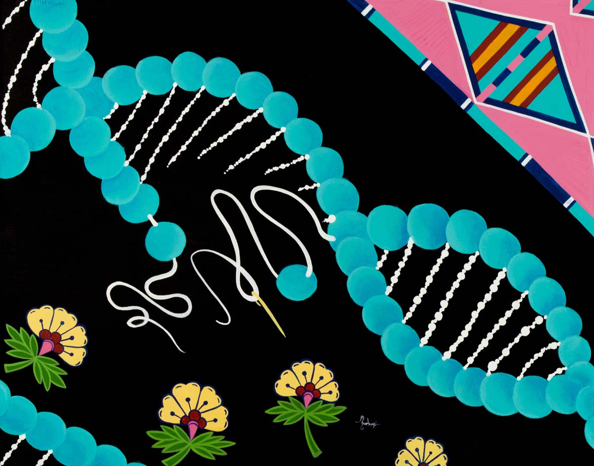 Painting of a broken DNA double helix like a blue strand of beads.