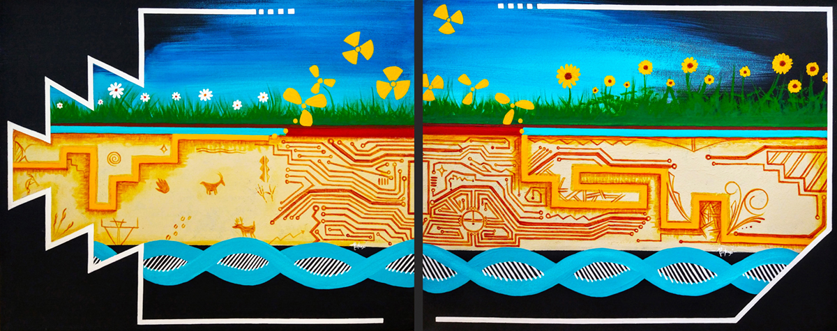 Diptych painting depicting uranium contamination through the use of symbols, yellow flowers and a DNA strand.