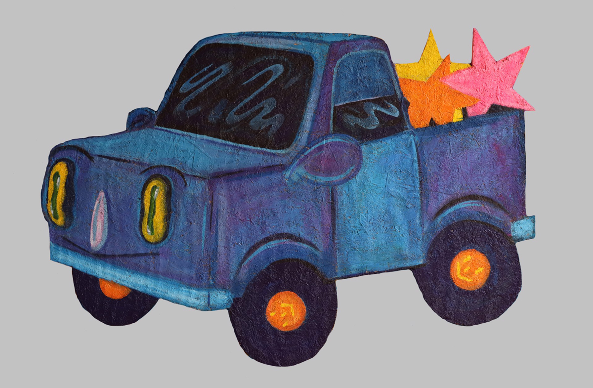 Blue pick-up truck with orange, pink, and yellow stars in its bed by Haley Greenfeather English, one of many Indigenous artists exhibiting in conjunction with this year's Santa Fe Indian Market.