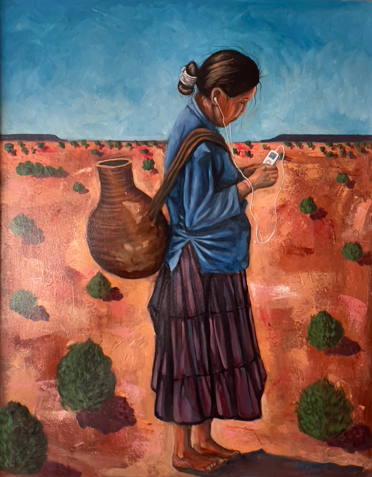 Painting of an Indigenous woman carrying water in a basket slung across her back and listening to an Apple iPod. This image is featured in Woven from the Center, a new book on Native basketry by Diane Dittemore.