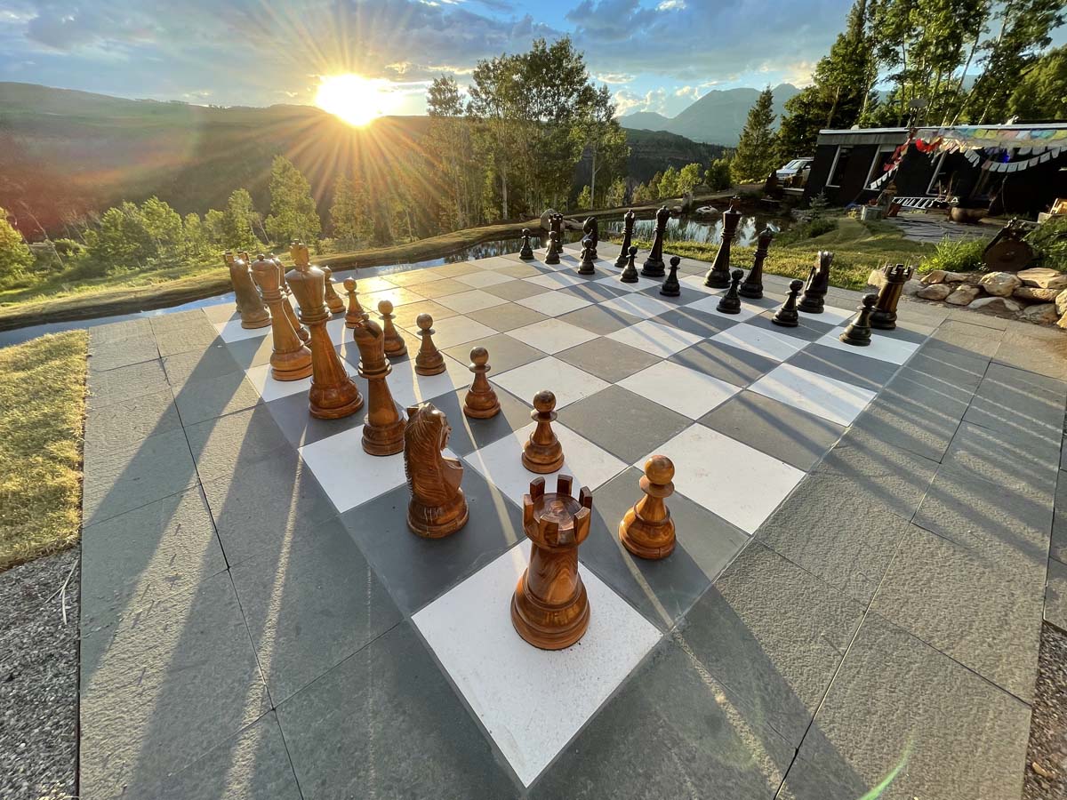 <i>Chess Mesa</i> playable artwork at sunrise as seen from Sky Bunker, the Lifton-Zoline residence in the mountains of Telluride. 