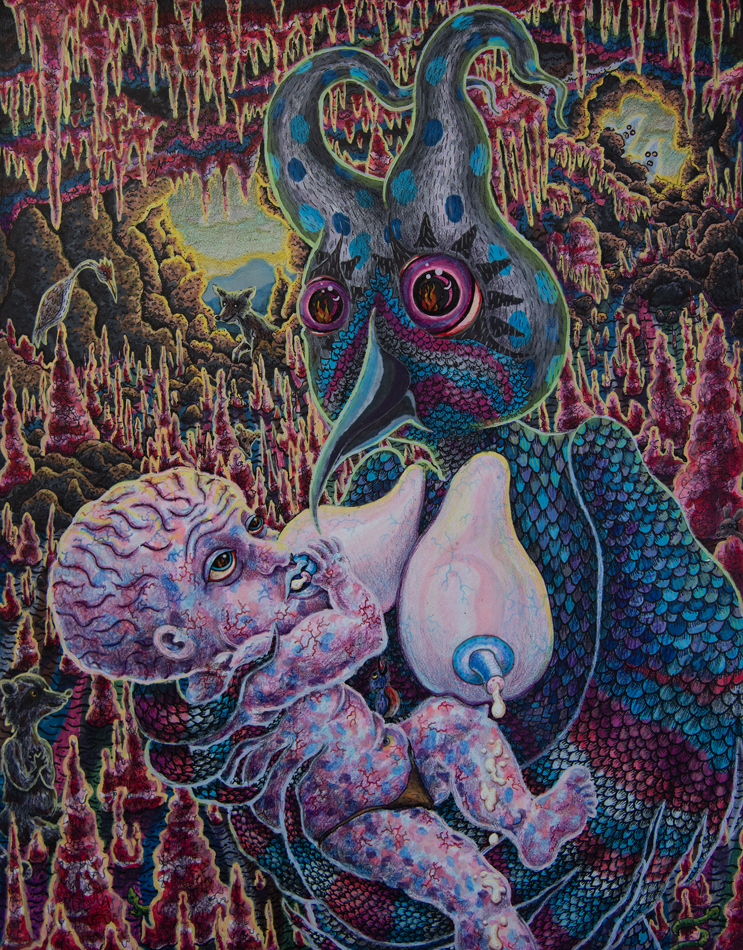 Mixed media drawing. Strange, melty creatures in an imagined future by Jimmy Fike.