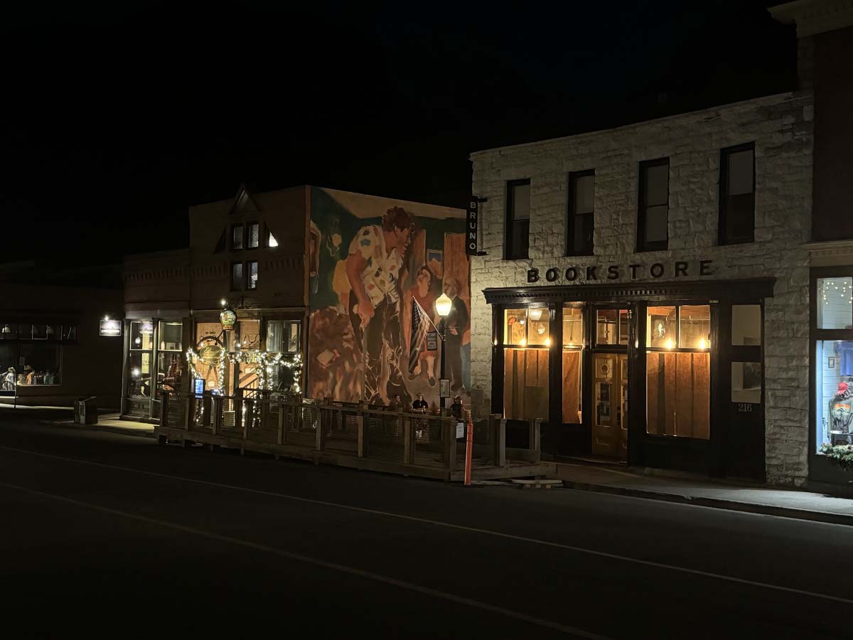 Pamela Zoline’s mural for the Telluride Mountainfilm Festival as seen at night. 