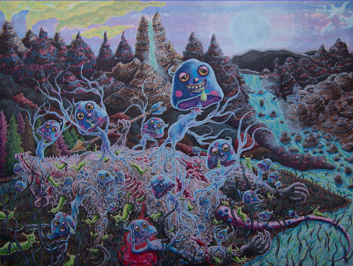 Mixed media drawing. Strange, melty creatures in an imagined future by Jimmy Fike.