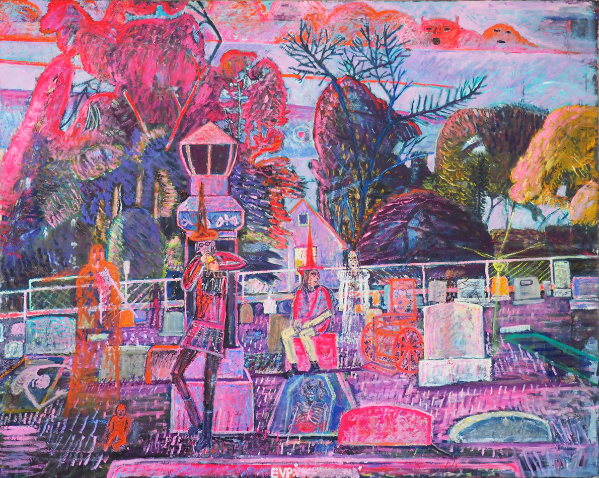 A depiction of the reimagined suburbs in vivid pink and purple by Lydia Andrew Farrell.