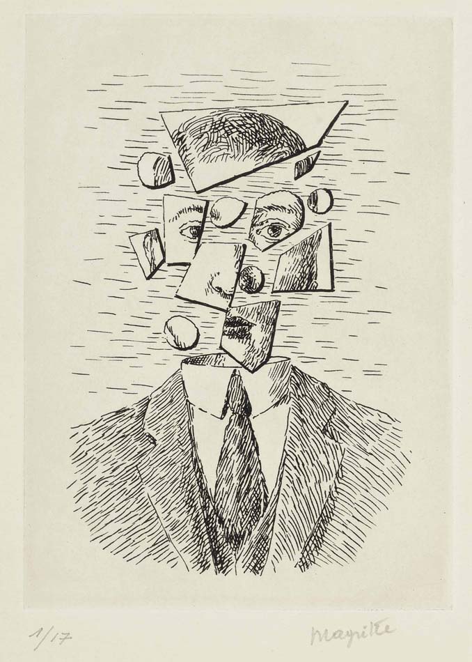 Lithograph by Rene Magritte showing a man's head fragmented like broken pieces of glass.