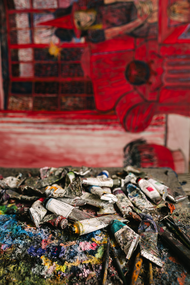 Partly used tubes of paint in Lydia Farrell's studio.