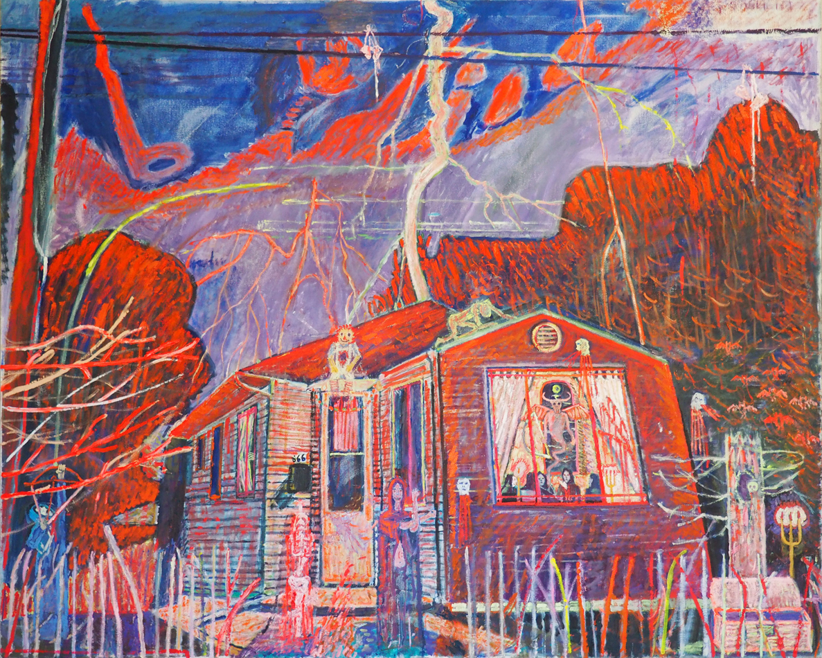 A depiction of the reimagined suburbs in vivid orange and blue by Lydia Andrew Farrell.