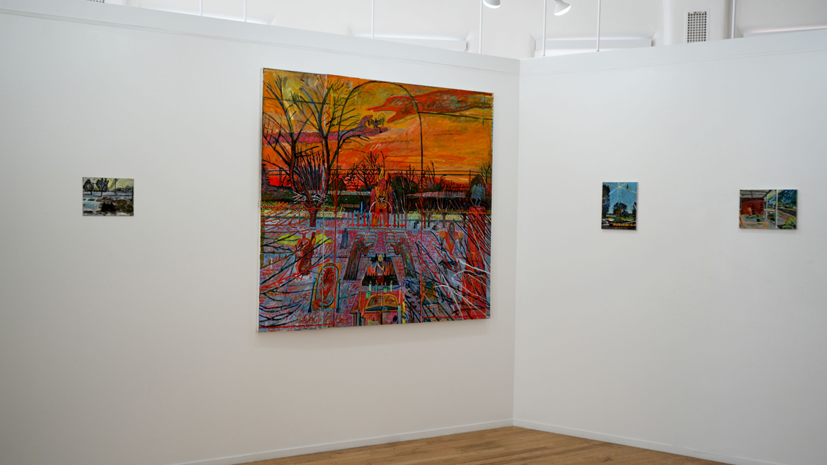 A white cube gallery space with saturated paintings on its walls depicting visions of the suburbs.