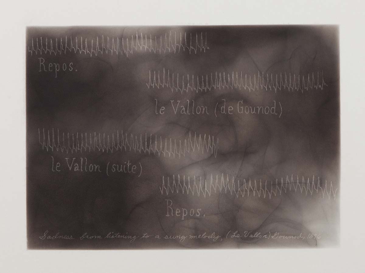 Dario Robleto, <i>Sadness from Listening to a Sung Melody, (Le Vallon) Gounod, 1896</i>, 2018, portfolio of 50 prints on Rising Drawing Bristol, photolithographs with transparent base ink, hand-flamed and sooted paper; image brushed with lithotine and lifted from soot, fused in a mild solution of shellac and denatured alcohol. 