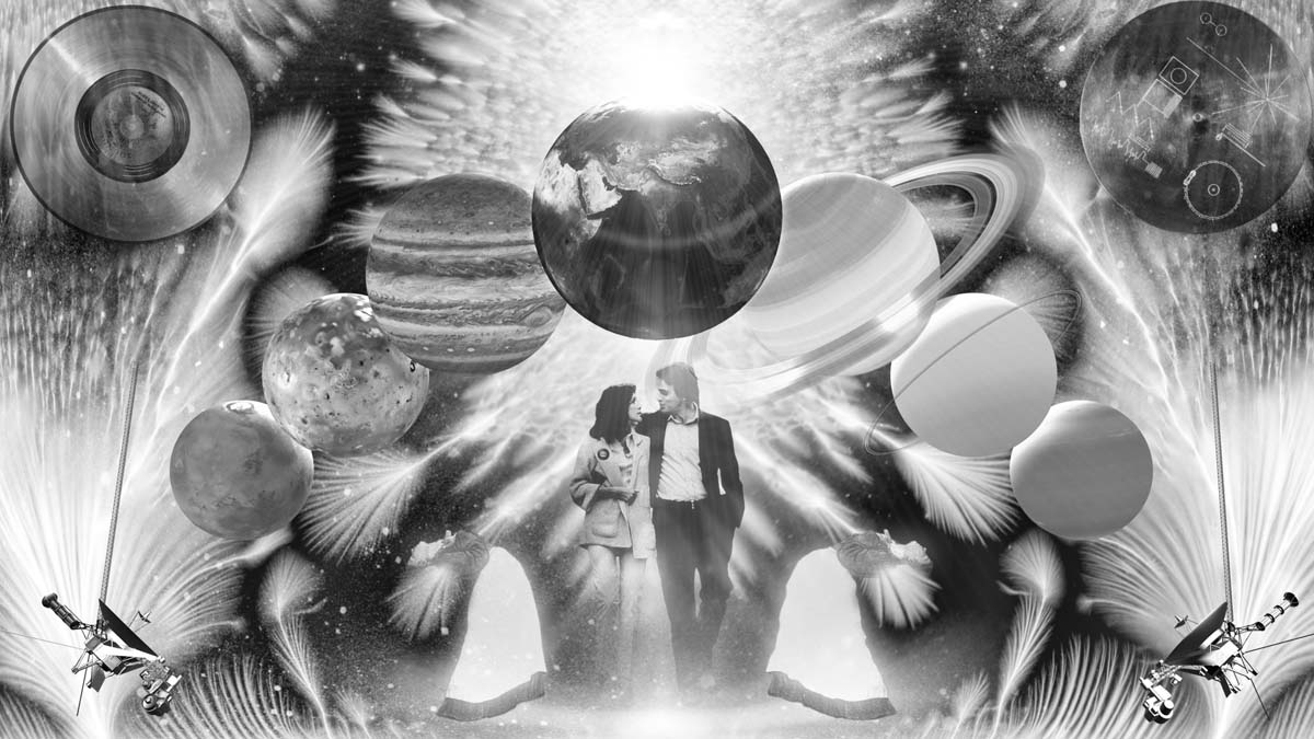 Film still of Dario Robleto, <i>Ancient Beacons Long for Notice</i> with Carl Sagan and Ann Druyan embracing surrounded by planets.