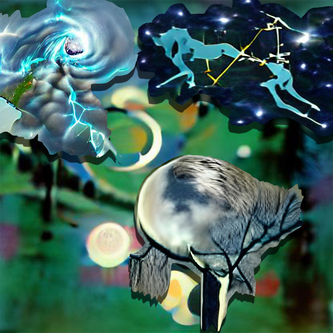 Digital collage with constellation, storm, and moon.