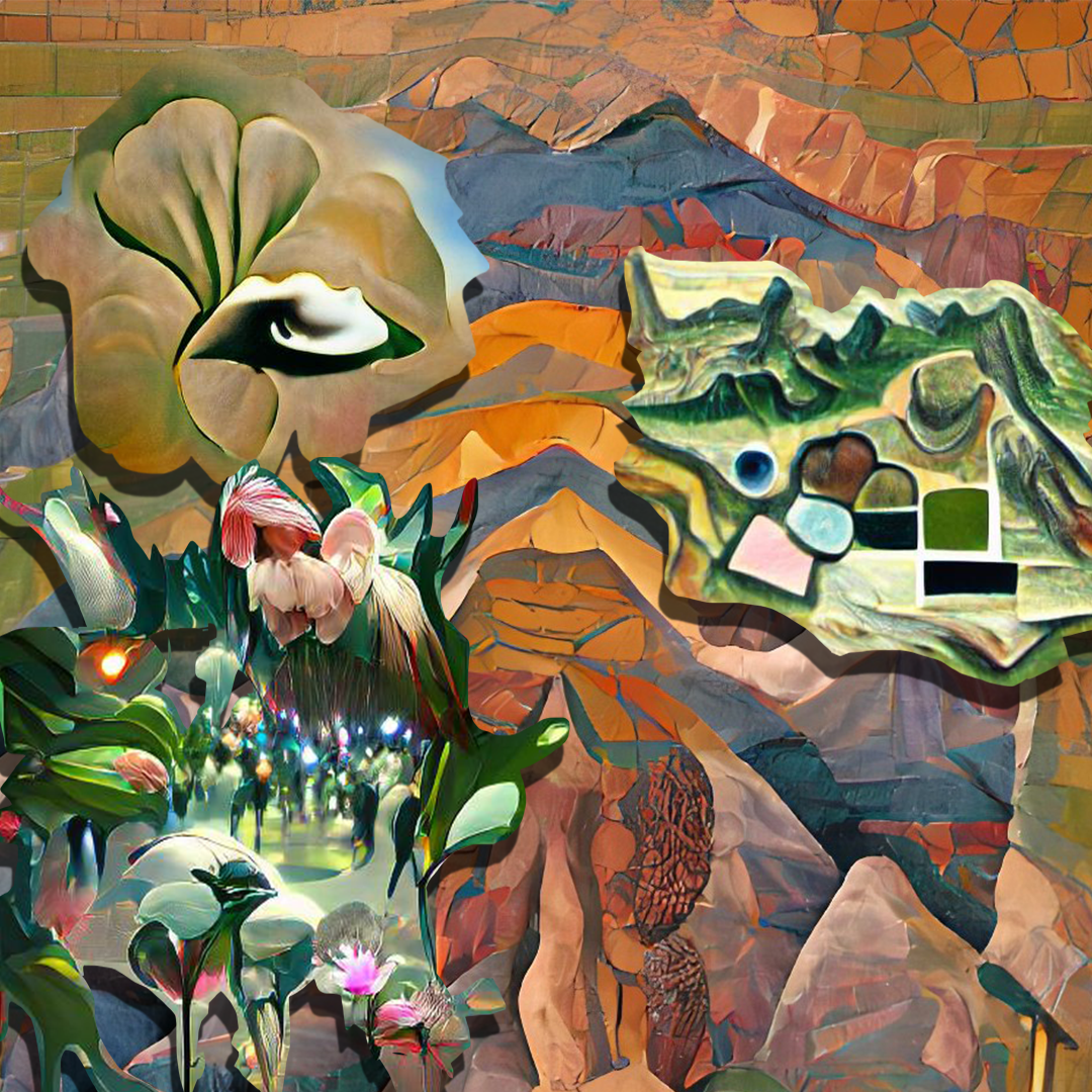 Digital collage with abstracted landscape forms.