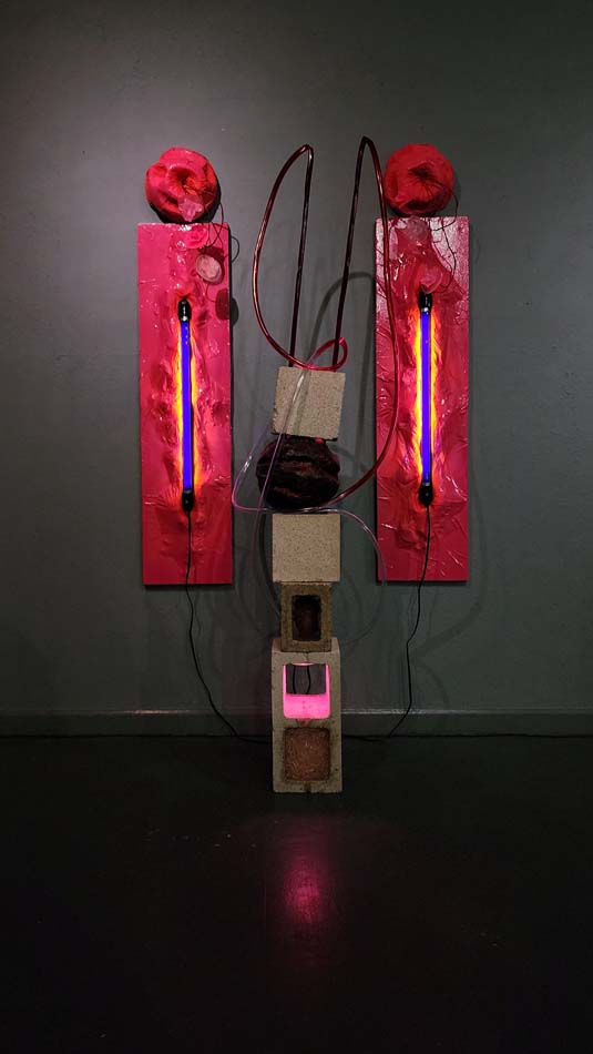 Installation by Laura Esbensen with concrete blocks, black light, plastic tubing, and hot pink vinyl.