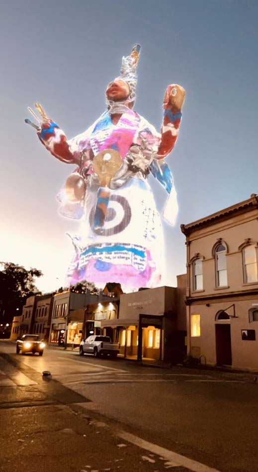 An enormous AR figure over the Santa Fe Plaza, part of Storymaps initiative.