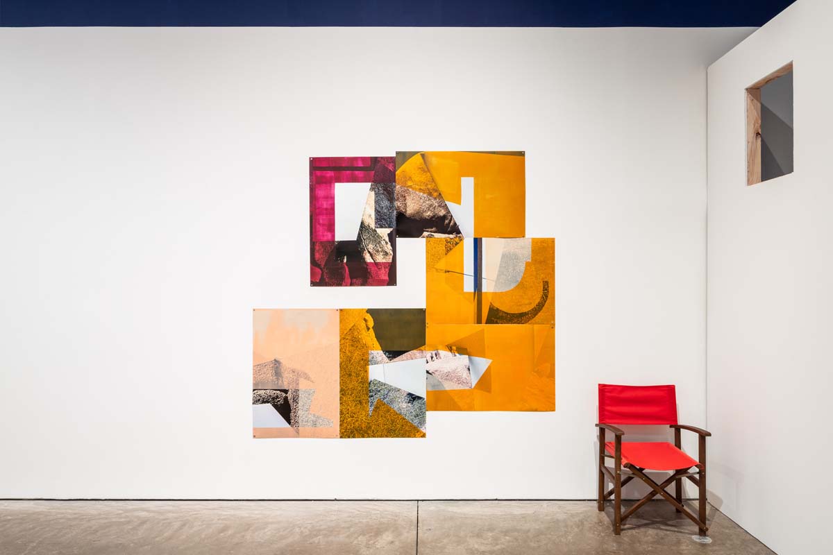 Installation view with red chair and wall piece by Cybele Lyle