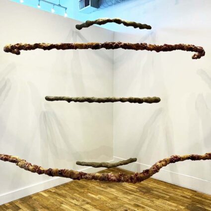 Work by Sam Grabowska composed of conduit, insulation foam, grocery bags, and concrete, five arched bands of different lengths and approximately six-inches thick span the distance between two perpendicular walls