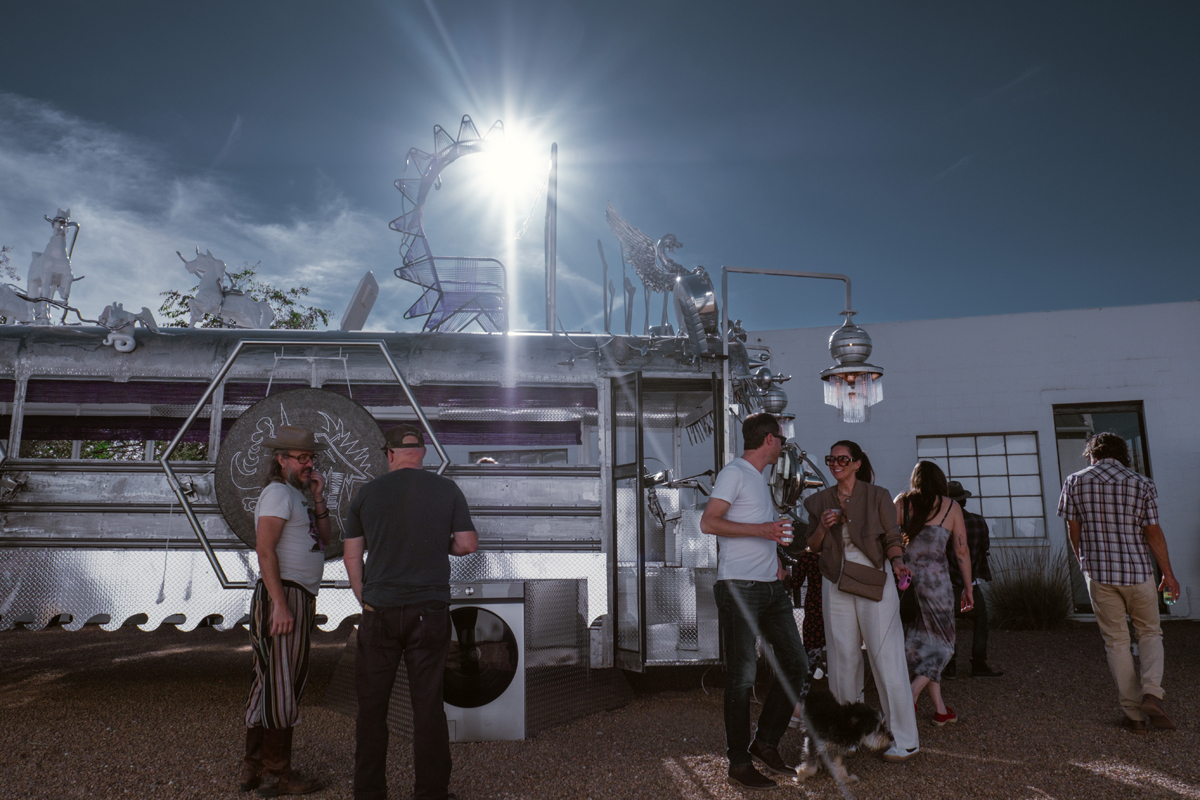 A chrome bus with biomorphic sculptural elements. Guadalupe Maravilla Mariposa Relampago is a musical, winged bus with its own migration narrative.