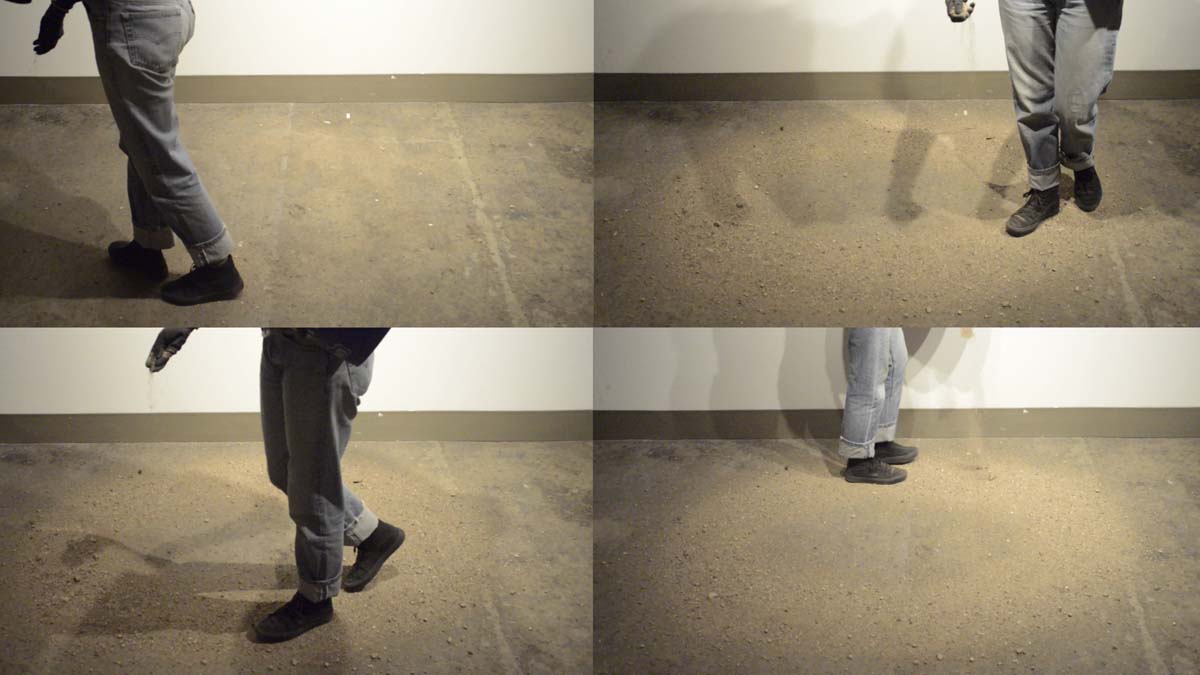 Photograph in four parts showing the process for a durational performance by Karima Walker, Graves for the Rain.