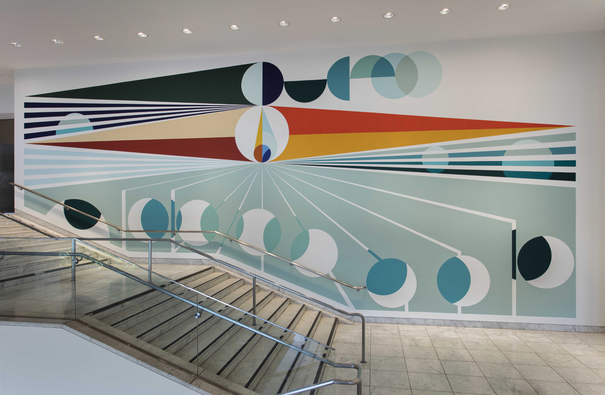 Geometric mural fills a massive wall in a museum space. Painter Eamon Ore-Giron's new commission from the Phoenix Art Museum is a top Southwest art news headline November.