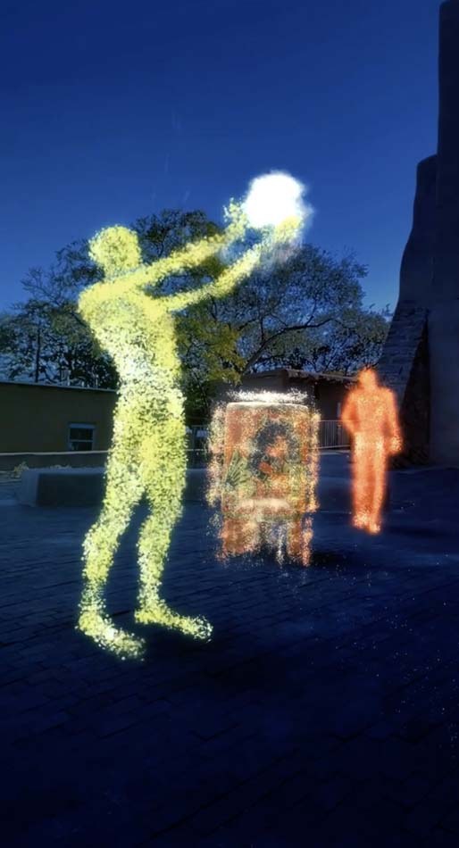 AR image of dancers made of green and orange light 