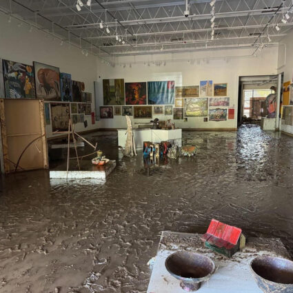 Museum space with extensive flood damage. Flash flooding that ravaged the Roswell Museum is a top Southwest art news headline November.