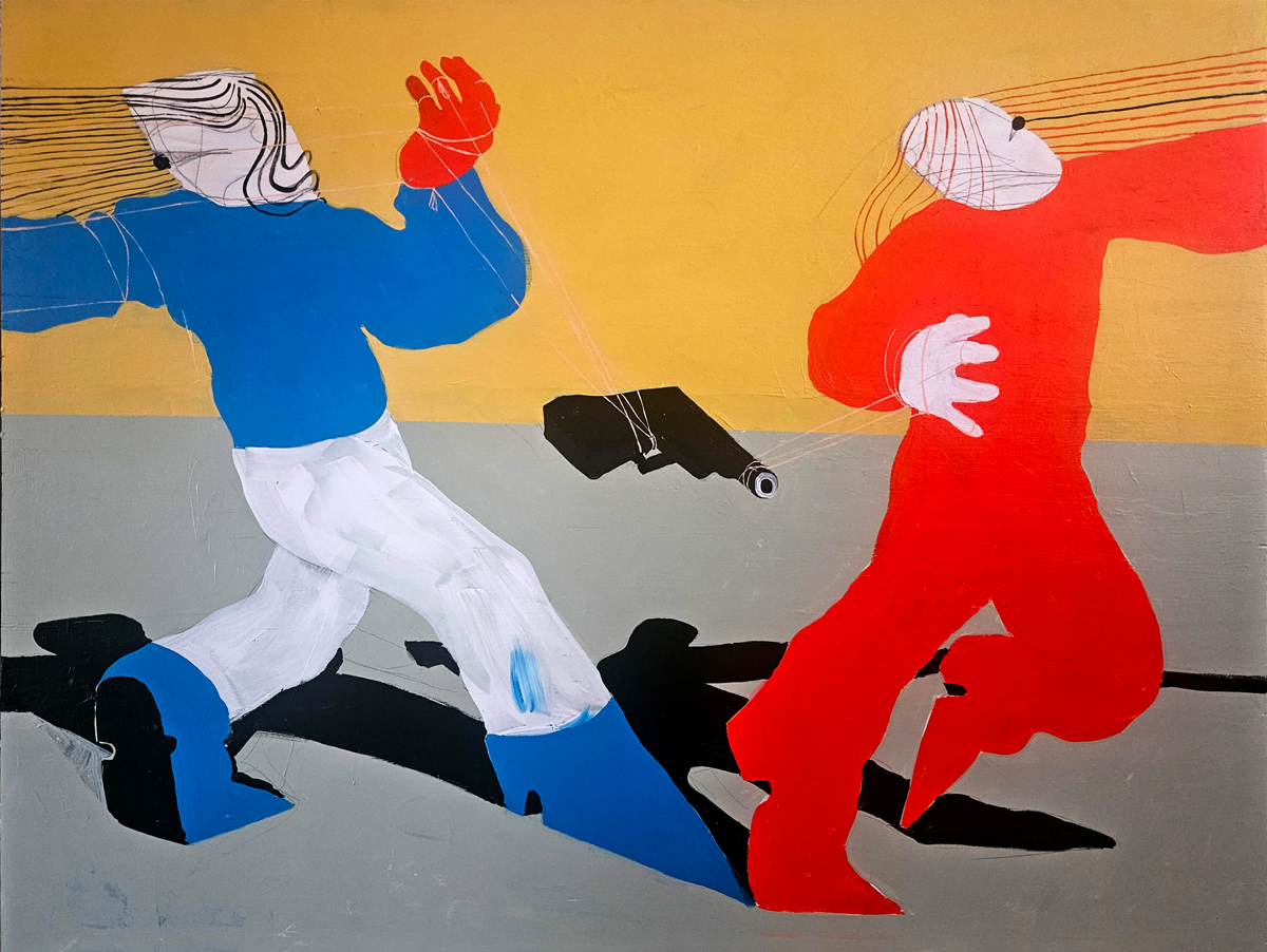 A painting by Beedallo shows two figures in red and blue, with a gun suspended between them.