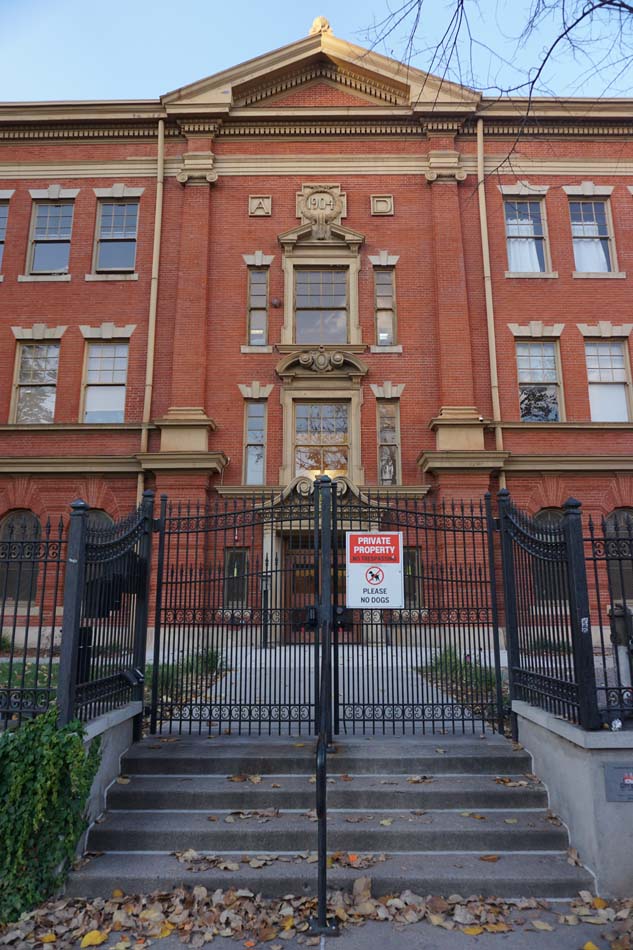 Evans School, a 1904 Classical and Colonial Revival-style schoolhouse in Denver’s Golden Triangle District at Acoma Street and West 11th Avenue, as it stood in October 2024.