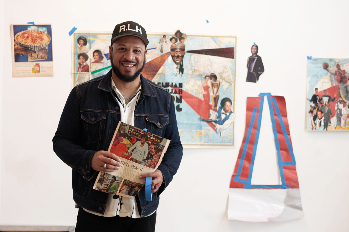 An artist poses in his studio, holding collage materials. The Houston Center for Contemporary Craft is just one of the Southwest artist residencies featured in Southwest Contemporary's Fall 2024-Winter 2025 guide to forthcoming residency deadlines.