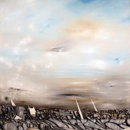 Yves Tanguy painting abstraction of form into outlined gray globs, flat sandy planes, and white needle-like shapes piercing a mutating sky