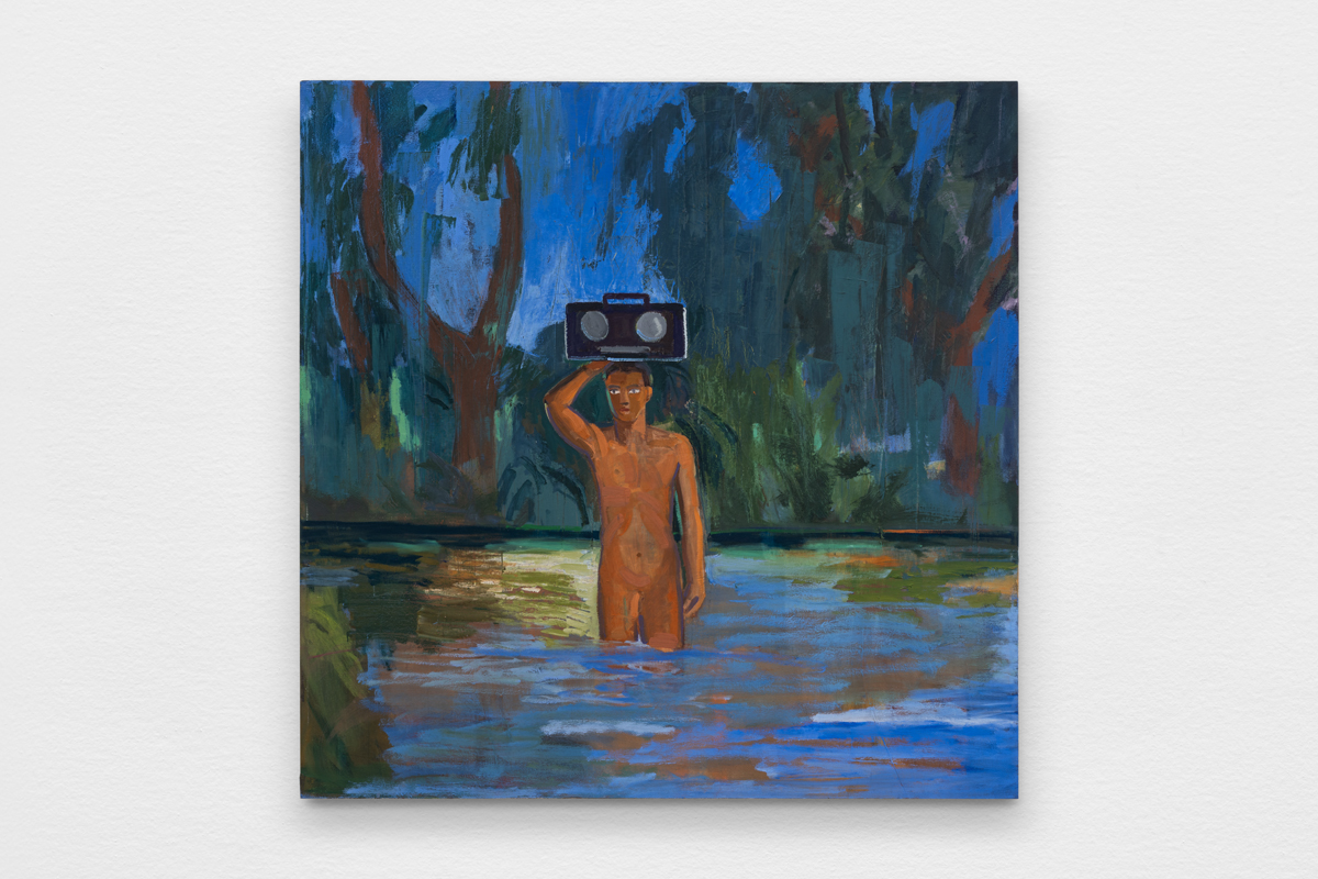 Vivid painting of a nude man standing in the water and balancing a boombox on his head. Curated by Maria Elena Ortiz.