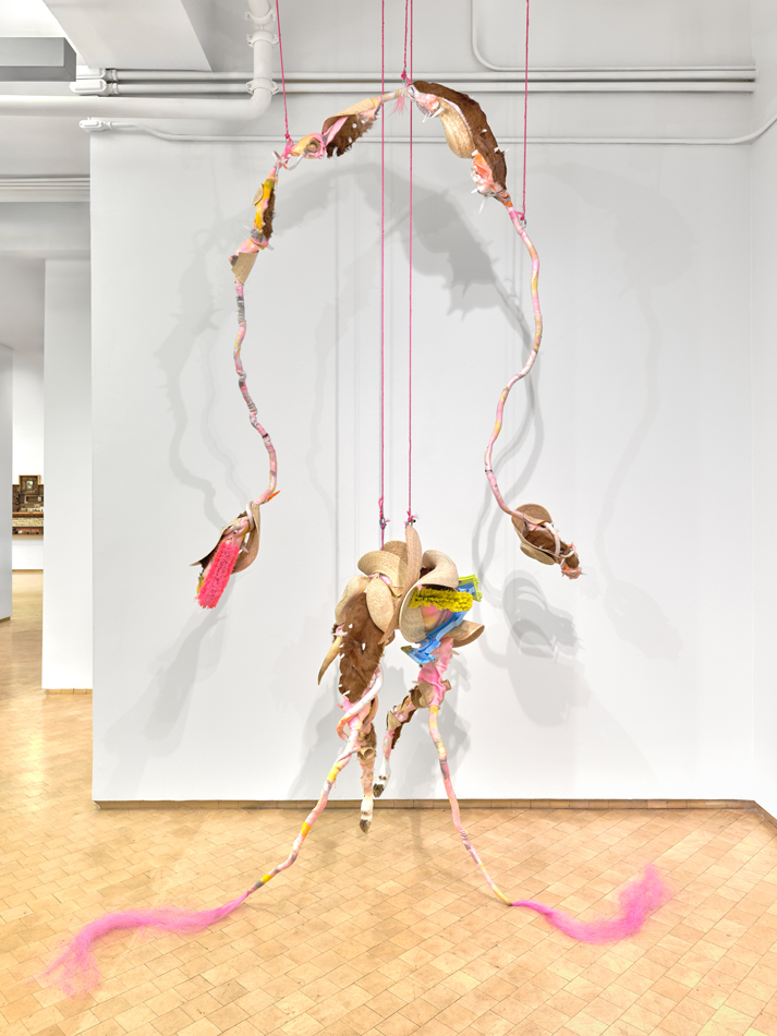 Installation view of a suspended art installation with fluid lines and a brown, red, and pink palette. Curated by Maria Elena Ortiz.