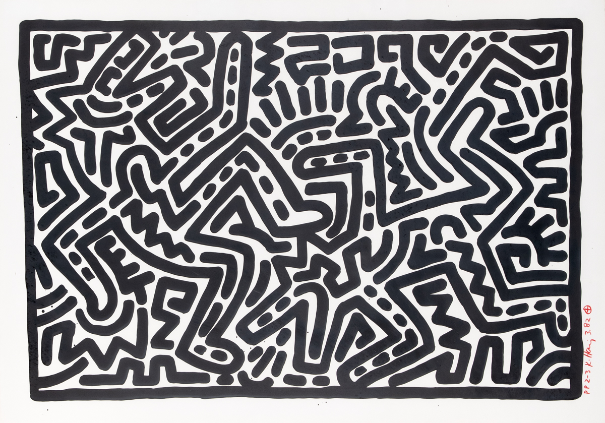 Black-and-white print by Keith Haring showing two barking dogs, part of an exhibition at Phoenix Art Museum.